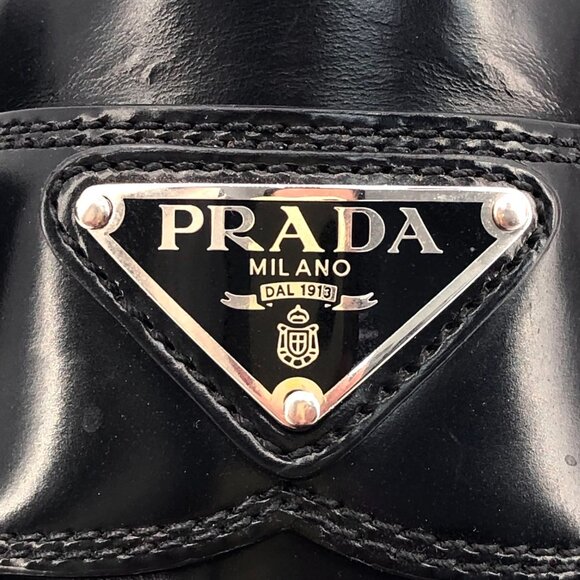 Prada Womens Black Leather Loafers Size 35 Thick Sole Triangular Logo Made In It - Picture 2 of 9